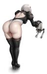  1girl absurdres ass back_cutout bent_over boots clothing_cutout feather-trimmed_sleeves hairband high_heel_boots high_heels highres juliet_sleeves leotard long_sleeves nier_(series) nier_automata nyatokanyaru petting pod_(nier_automata) puffy_sleeves robot short_hair silver_hair simple_background thigh_boots thighhighs thighhighs_under_boots yorha_no._2_type_b 