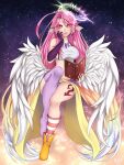  1girl angel_wings book breasts crop_top cross english_commentary feathered_wings gloves gradient_eyes gradient_hair halo highres holding holding_book jibril_(no_game_no_life) karousel large_breasts long_hair looking_at_viewer low_wings magic_circle midriff mismatched_legwear multicolored multicolored_eyes multicolored_hair no_game_no_life open_mouth orange_eyes pink_hair shoes sideboob single_shoe solo symbol-shaped_pupils tattoo white_wings wing_ears wings yellow_eyes 