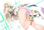  1girl ass bangs bare_shoulders blonde_hair blush breasts daive dress earrings elbow_gloves gloves highres jewelry large_breasts long_hair looking_at_viewer mythra_(xenoblade) short_dress solo swept_bangs thighs tiara very_long_hair white_dress white_gloves xenoblade_chronicles_(series) xenoblade_chronicles_2 yellow_eyes 
