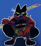  anthro black_body black_fur cape cartoon_network cigarette clothed clothing digitigrade domestic_cat felid feline felis fur green_eyes hi_res male mammal mao_mao:_heroes_of_pure_heart melee_weapon mymu666 red_clothing sheriff_mao_mao_mao skimpy smoking solo sword weapon 