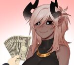  1girl 1other aiko_(less) bare_shoulders black_sclera blush breasts colored_sclera dark_skin demon_girl demon_horns grey_eyes horns jewelry large_breasts less money necklace original pointy_ears portrait sleeveless sweat 