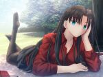  1girl :o arm_support black_skirt blue_eyes brown_hair collared_shirt fate/stay_night fate_(series) grass long_sleeves looking_at_viewer lying migiha no_shoes on_stomach red_shirt shirt skirt solo the_pose thighhighs tohsaka_rin tree type-moon 