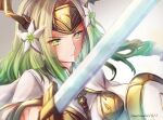  1girl clear_glass_(mildmild1311) commentary_request eyebrows_visible_through_hair eyes_visible_through_hair fire_emblem fire_emblem:_three_houses flower green_eyes green_hair hair_flower hair_ornament highres holding holding_sword holding_weapon long_hair rhea_(fire_emblem) seiros_(fire_emblem) solo sword upper_body weapon white_flower 