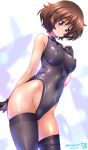  1girl akiyama_yukari bangs bare_shoulders black_gloves black_legwear black_leotard blush breasts brown_eyes brown_hair cameltoe collarbone covered_navel covered_nipples dated eyebrows_visible_through_hair girls_und_panzer gloves highleg highleg_leotard impossible_clothes kamogawa_tanuki leotard looking_at_viewer medium_breasts messy_hair shiny shiny_clothes shiny_hair short_hair signature skindentation smile solo thighhighs twitter_username 