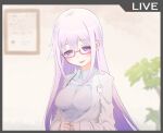  .live blurry blurry_background blush bra carro_pino commentary_request copyright_name glasses hair_between_eyes labcoat looking_at_viewer naoni_(boostkusaya) open_clothes open_shirt plant purple_eyes purple_hair recording see-through underwear virtual_youtuber wall 
