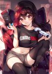 1girl :3 beanie black_footwear black_hair black_legwear black_shirt breasts chair clothes_writing crop_top gamestop gaming_chair graph grey_shorts hand_up hat highres holding knee_up large_breasts long_hair looking_at_viewer micro_shorts midriff multicolored_hair navel nintendo_switch playstation_controller red_eyes red_hair shirt shoes short_shorts short_sleeves shorts skindentation smile sneakers solo squchan stomach thighhighs thighs twintails two-tone_hair 