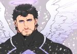  1boy angel angel_wings bara beard black_bodysuit bodysuit expressionless face facial_hair feathered_wings halo highres light_particles looking_at_viewer male_focus muscular muscular_male nether_angel_(tokyo_houkago_summoners) pectorals purple_eyes short_hair skin_tight solo stubble tokyo_houkago_summoners upper_body wings zabaniyan 