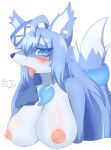 2020 4_fingers absurd_res accessory ahoge anthro areola bakegirin big_breasts blue_body blue_ears blue_eyes blue_fur blue_hair blue_nose blue_tail blush breasts bust_portrait canid canine dipstick_tail ear_accessory ear_piercing facial_markings female fingers fox fur furgonomics glistening glistening_body glistening_hair hair head_markings hi_res jewelry kemono looking_at_viewer mammal markings multicolored_body multicolored_fur multicolored_tail necklace nipples open_mouth piercing portrait signature simple_background solo tail_accessory tongue tongue_out white_background white_body white_fur white_tail 