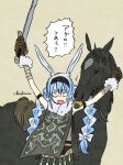  agro angry animal_ear_fluff animal_ears blue_hair braid bunny_ears carrot commentary_request don-chan_(usada_pekora) eating eating_hair fur-trimmed_gloves fur_scarf fur_trim gloves hairband highres hololive horse multicolored_hair rabbit_girl saddle sanchishima shadow_of_the_colossus signature simple_background sword thick_eyebrows translation_request twin_braids two-tone_hair usada_pekora virtual_youtuber weapon 