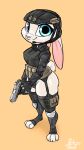  absurd_res accessory anthro armor blue_eyes bulletproof_vest camel_toe camo clothed clothing female fur garter gun handgun headgear helmet hi_res lagomorph leg_garter legwear leporid mammal pistol psakorn_tnoi rabbit ranged_weapon simple_background soldier solo tactical tactical_gear tactical_gloves thigh_highs warrior weapon white_body white_fur 