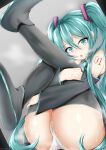  1girl :o absurdres aqua_eyes aqua_hair ass bare_shoulders black_legwear blue_eyes blue_hair blush detached_sleeves hair_ornament hatsune_miku highres holding hug leg_hug legs long_hair looking_at_viewer necktie open_mouth panties parted_lips sleeveless solo sweat takemura_kou thighhighs thighs twintails underwear very_long_hair vocaloid 