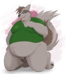  alex.fetter animal_genitalia anthro balls belly big_belly blue_eyes bottomless clothed clothing genitals hi_res jonah_(alex.fetter) kneeling linoone male nintendo obese overweight pok&eacute;mon pok&eacute;mon_(species) sheath shirt solo t-shirt topwear video_games 