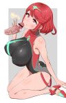  1boy 1girl bare_shoulders bob_cut breasts earrings handjob hetero high_heels highres jewelry large_breasts looking_up penis pyra_(xenoblade) red_eyes red_hair seiza sitting smile solo_focus swimsuit torathi xenoblade_chronicles_(series) xenoblade_chronicles_2 