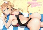  1girl absurdres anchor_hair_ornament animal_ear_fluff animal_ears aqua_eyes ass bangs bare_arms bare_shoulders beach_towel blonde_hair blush breasts cat_ears cat_tail eyebrows_visible_through_hair hair_ornament highleg highleg_swimsuit highres huge_filesize inuzumi_masaki kantai_collection long_hair looking_at_viewer looking_back lying on_stomach one-piece_swimsuit open_mouth prinz_eugen_(kantai_collection) scan shiny shiny_hair shiny_skin sideboob simple_background solo striped striped_towel swimsuit tail thighs tied_hair towel 