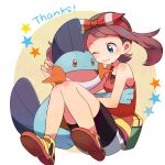  1girl bike_shorts blush bow_hairband breasts brown_hair closed_mouth commentary_request fanny_pack gen_3_pokemon hairband hug marshtomp may_(pokemon) one_eye_closed pokemon pokemon_(creature) pokemon_(game) pokemon_oras popcorn_91 red_hairband red_shirt shirt shoes sleeveless sleeveless_shirt star_(symbol) thank_you 