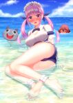  1girl absurdres aqua_hair barefoot beach bikini blue_hair cat_girl colored_inner_hair drill_hair feet highres hololive houshou_marine long_hair looking_at_viewer minato_aqua multicolored_hair one-piece_swimsuit purple_eyes purple_hair shirouzu_myuuta soles streaked_hair swimsuit swimwear tied_hair toenail_polish toes twin_drills twintails two-tone_hair virtual_youtuber water 