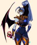  1990s_(style) 1girl antenna_hair armlet asymmetrical_clothes bat_wings beige_background blue_hair blue_skin bracer breasts circlet colored_skin commentary david_liu earrings english_commentary greek_clothes hades_(game) hand_on_hip high_ponytail highres holding holding_weapon jewelry long_hair medium_breasts megaera_(hades) multiple_earrings orange_eyes ponytail retro_artstyle revision single_wing solo spiked_pauldrons thick_thighs thighs very_long_hair weapon wings 