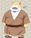  2021 anthro asian_clothing blush brown_body brown_fur canid canine canis clothing domestic_dog east_asian_clothing eyes_closed facial_hair footwear fur japanese_clothing kemono kimono male mammal mustache overweight overweight_male sandals solo toshi_(artist) white_body white_fur 