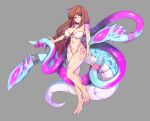  1girl barefoot bell bikini bow breasts brown_hair closed_mouth eyebrows_visible_through_hair full_body grey_background highres large_breasts long_hair looking_at_viewer monster_girl navel original purple_eyes simple_background slugbox smile solo swimsuit tentacles white_bikini 