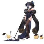  1girl animal_ears aqua_eyes azur_lane black_footwear black_headwear black_legwear breasts capelet cheshire_(azur_lane) cheshire_(cait_sith_crooner)_(azur_lane) china_dress chinese_clothes cleavage dress elbow_gloves flower fur-trimmed_capelet fur_trim gloves grin highres large_breasts looking_at_viewer manjuu_(azur_lane) microphone multicolored_hair official_alternate_costume official_art purple_dress short_hair smile standing thighhighs transparent_background yyy_(zelda10010) 