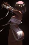  1girl ass bandaged_arm bandages bangs bare_shoulders black_background blunt_bangs breasts circlet commentary dappled_sunlight dark_skin dark_skinned_female egyptian green_eyes kasseus_maximus legs_together medium_breasts menat naked_bandage official_alternate_costume purple_hair short_hair solo standing street_fighter street_fighter_v stretch sunlight 