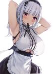 1girl anchor_choker apron armpits arms_up azur_lane bangs bare_shoulders black_hairband black_ribbon black_skirt blunt_bangs blush breasts dido_(azur_lane) dress dutch_angle exe_(xe) eyebrows_visible_through_hair frills hairband large_breasts long_hair looking_at_viewer mouth_hold pink_eyes ribbon silver_hair simple_background skirt sleeveless solo sweat underboob upper_body white_apron white_background white_dress 