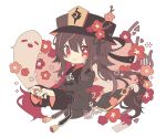 1girl bangs black_headwear blush brown_coat brown_hair closed_mouth coat coattails commentary_request flower genshin_impact ghost ghost_pose hair_flaps hat hat_flower highres hu_tao_(genshin_impact) long_hair long_sleeves looking_at_viewer plum_blossoms porkpie_hat red_eyes red_flower red_shirt rororoyu shirt sidelocks sleeve_cuffs smile solo tassel twintails upper_body very_long_hair 