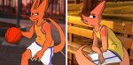  anthro basketball before_and_after blood bodily_fluids kobold male nails nosebleed orange_body orange_scales photo_background scales scalie shilensis smoking solo sport 
