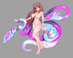  1girl barefoot bell bow breasts brown_hair closed_mouth eyebrows_visible_through_hair full_body grey_background highres large_breasts long_hair looking_at_viewer monster_girl navel nipples nude original purple_eyes simple_background slugbox smile solo tentacles 