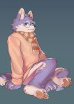  2021 9x8bit absurd_res anthro blush canid canine clothing eyewear glasses hi_res humanoid_hands kemono male mammal scarf simple_background sitting solo sweater topwear 