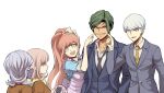  2boys 3girls :d alternate_costume apron blue_dress blue_jacket blue_vest breasts brown_hair brown_jacket collarbone collared_shirt commentary_request crescent crescent_pin danganronpa_(series) danganronpa_3_(anime) dress formal green_eyes green_hair hair_ribbon handheld_game_console high_ponytail holding holding_handheld_game_console hope&#039;s_peak_academy_school_uniform jacket kimura_seiko large_breasts long_hair long_ponytail looking_at_another maid maid_apron mask mouth_mask multiple_boys multiple_girls munakata_kyousuke nanami_chiaki necktie open_mouth orange_hair pink_hair ponytail purple_eyes ribbon sakakura_juuzou school_uniform shirt short_hair simple_background smile suit surgical_mask sweatdrop upper_teeth vest white_apron white_background white_hair white_ribbon youko-shima yukizome_chisa 