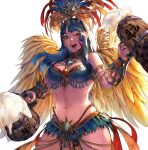  1girl ;) alcohol armlet armor beer beer_mug bikini_armor blue_eyes blue_hair body_freckles breasts carnival commentary commission cup english_commentary feathers headdress highres large_breasts lips long_hair midriff monster_hunter monster_hunter:_world mug navel one_eye_closed open_mouth passion_layered_armor_(mhw) simon_jude smile solo upper_body upper_teeth 