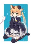  1girl animal_ear_fluff animal_ears arknights black_capelet black_footwear black_headwear black_legwear black_neckwear black_skirt black_vest blonde_hair blue_background blush boots capelet cat_ears cat_girl cat_tail cat_teaser closed_mouth collared_shirt commentary_request frilled_skirt frills green_eyes hat mini_hat mousse_(arknights) multicolored_hair multiple_tails nachiru necktie shirt sitting skirt solo tail thighhighs thighhighs_under_boots tilted_headwear trembling twitter_username two-tone_background two-tone_hair two_tails vest wariza white_background white_hair white_shirt 