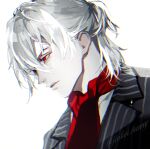  1boy antonio_salieri_(fate) black_jacket black_suit closed_mouth commentary expressionless fate/grand_order fate_(series) formal from_side grey_hair hair_between_eyes half-closed_eyes half_updo jacket koshika_rina lips nose pale_skin pinstripe_suit portrait red_eyes red_neckwear shirt short_ponytail simple_background solo striped striped_suit suit twitter_username watermark white_background white_hair white_shirt 