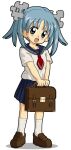  1girl :d aqua_eyes aqua_hair blue_sailor_collar blue_skirt blush briefcase brown_footwear commentary english_commentary full_body hair_ornament holding holding_briefcase kasuga_(kasuga39) kneehighs loafers looking_at_viewer miniskirt official_art open_mouth pleated_skirt puzzle_piece_hair_ornament red_neckwear sailor_collar school_briefcase school_uniform serafuku shirt shirt_tucked_in shoes short_sleeves simple_background skirt smile socks solo standing twintails white_background white_legwear white_shirt wikipedia 