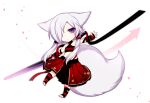  1girl aika_(konshin) animal_ears arm_wrap bare_shoulders chibi fox_ears fox_tail hair_over_one_eye holding holding_sword holding_weapon konshin leg_wrap looking_at_viewer midriff original petals purple_eyes short_hair_with_long_locks simple_background solo sword tail weapon white_hair 