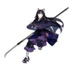  1girl animal_ears arknights bangs black_hair black_kimono brown_eyes dog_ears duoyuanjun full_body geta highres holding holding_spear holding_weapon japanese_clothes kimono knee_pads long_hair long_sleeves looking_at_viewer naginata official_art pants parted_lips polearm purple_pants saga_(arknights) socks solo spear transparent_background weapon white_legwear wide_sleeves 