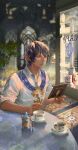  1boy alternate_costume animal arm_rest aymeric_de_borel bishounen black_hair blue_eyes cup day drink earrings elezen elf final_fantasy final_fantasy_xiv fire_hydrant fox half-closed_eyes highres holding holding_menu holding_spoon indoors jewelry lips looking_at_another looking_at_object male_focus menu messy_hair parted_lips pointy_ears reading saucer shirt short_hair single_earring solo_focus spoon staring table tablecloth teacup tibetan_sand_fox window zxin 