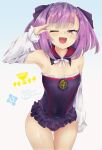  1girl armpits bangs bare_shoulders black_dress breasts detached_collar detached_sleeves dress fate/grand_order fate_(series) hair_ribbon hand_up helena_blavatsky_(fate) long_sleeves looking_at_viewer one_eye_closed open_mouth purple_eyes purple_hair ribbon salute short_dress short_hair small_breasts smile thighs white_sleeves yarareimu 