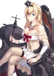  1girl anya_(artist) blonde_hair blue_eyes braid breasts chair corset crossed_legs crown dress flower french_braid garter_straps globus_cruciger jewelry kantai_collection long_hair long_sleeves looking_at_viewer looking_up machinery medium_breasts mini_crown necklace off-shoulder_dress off_shoulder red_flower red_ribbon red_rose ribbon rose scepter simple_background sitting solo thighhighs throne warspite_(kantai_collection) white_background white_dress white_legwear 