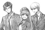  1girl 2boys :d collared_shirt commentary_request danganronpa_(series) danganronpa_3_(anime) formal greyscale hair_ribbon high_ponytail jacket long_hair long_ponytail looking_at_another monochrome multiple_boys munakata_kyousuke neck_ribbon necktie open_clothes open_jacket open_mouth ribbon sakakura_juuzou shirt short_hair smile suit upper_body youko-shima yukizome_chisa 