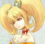 1girl bangs bare_shoulders blonde_hair blood bow breasts brown_eyes cat_hair_ornament cleavage collarbone commentary_request danganronpa_(series) danganronpa_2:_goodbye_despair from_side frown grey_background hair_bow hair_ornament head_tilt japanese_clothes kimono long_hair portrait saionji_hiyoko sketch small_breasts solo stitches twintails youko-shima 