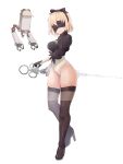  1girl black_ribbon blindfold blonde_hair boots breasts cosplay foxxarius frown high_heel_boots high_heels highres hololive hololive_english large_breasts leotard pod_(nier_automata) ribbon short_hair skindentation solo sword thigh_boots thighhighs thighs watson_amelia weapon white_background yorha_no._2_type_b yorha_no._2_type_b_(cosplay) 