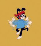  2020 3_toes absurd_res animaniacs animaniacs_(2020) anthro backwards_baseball_cap baseball_cap black_body black_fur clothing facial_markings feet fur gloves handwear hat head_markings headgear headwear hi_res inkblot male mammal markings mask_(marking) red_nose shirt simple_background solo t-shirt toes tongue tongue_out topwear turtleneck ufemmeo wakko_warner warner_brothers waving_arms white_body white_clothing white_fur white_gloves worried yellow_background 