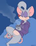  2019 animaniacs anthro beverage billie_(pinky_and_the_brain) bottomless brainsister clothed clothing cup eyes_closed female fur genitals grey_body grey_fur grey_hair hair hi_res hoodie mammal mouse multicolored_body multicolored_fur murid murine navel pink_body pink_fur pinky_and_the_brain pussy red_nose rodent signature solo steam tea thick_thighs topwear two_tone_body two_tone_fur warner_brothers 