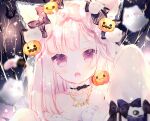  animal_ears blush bow catgirl close cropped fang halloween kotamun long_hair necklace original pink_hair tail 