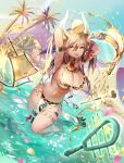  1girl armlet armpits arms_behind_head arms_up bare_shoulders bikini breasts brown_hair cleavage collar day egyptian gold hair_between_eyes hair_ornament headdress highres horns large_breasts long_hair looking_at_viewer natsuiro_xx navel oasis official_art open_mouth outdoors pelvic_curtain shoulder_tattoo smile solo spaghetti_strap stomach stomach_tattoo swimsuit tattoo thighlet thighs wading water wet white_bikini yellow_eyes z/x 