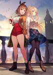  2girls alternate_costume alternate_hairstyle atelier_(series) atelier_ryza back-to-back bangs bird braid breasts brown_eyes brown_hair cityscape contemporary cup hair_ribbon high_collar highres holding_hands iced_coffee klaudia_valentz large_breasts legs long_coat long_hair multiple_girls open_mouth ponytail railing red_shorts reisalin_stout ribbon shorts skirt sky smile socks standing thick_thighs thighhighs thighs toridamono tower 