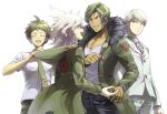  4boys ahoge bangs black_pants brown_hair brown_pants clenched_teeth closed_eyes coat collarbone collared_shirt commentary_request danganronpa_(series) danganronpa_2:_goodbye_despair danganronpa_3_(anime) dark_skin dark_skinned_male from_below frown fur-trimmed_coat fur_trim green_coat grey_hair grey_jacket hinata_hajime hood hood_pull jacket komaeda_nagito looking_at_another male_focus medium_hair messy_hair multiple_boys necktie open_clothes open_coat open_mouth pale_skin pants pectorals pink_neckwear purple_eyes shirt short_hair silver_hair simple_background smile striped striped_neckwear sweatdrop teeth upper_teeth white_background white_hair white_pants youko-shima 