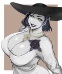  1girl alcina_dimitrescu black_headwear black_sclera breasts cleavage colored_sclera colored_skin dress evil_grin evil_smile flower grey_skin grin hat large_breasts looking_at_viewer medium_hair red_lips resident_evil resident_evil_village rose shaded_face shibusun sketch smile sun_hat vampire white_dress yellow_eyes 